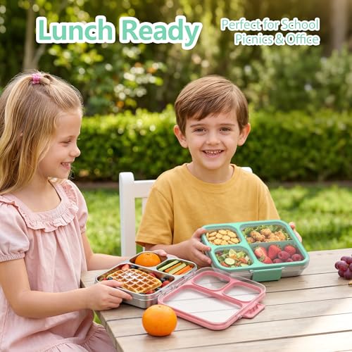HOMEKOL Stainless Steel Bento Lunch Box 3-Compartment, 4.2Cups, Green | Leak-Proof Metal Lunch Container for Kids & Adults, BPA-Free, Dishwasher Safe, Clear Tritan Lid, 1000ml (Not Insulated) - color: Green, size: 34oz (1000ml)