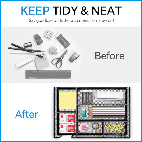 Desk Drawer Organizer, Office Drawer Divider Organizer Tray with 6 Compartments, Metal Mesh Desktop Organization and Accessories for Stationery Makeup Kitchen Toolroom School &Office, 12.6x8.27x1.6 in - size: Large