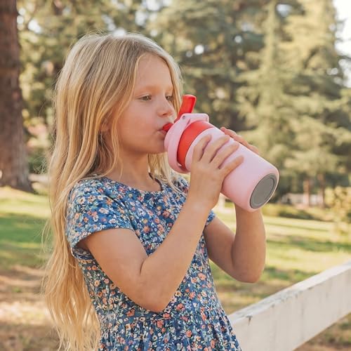 Fijinhom 12 oz Toddler Water Bottle with 2-in-1 Lid, 304 Stainless Steel Insulated Bottle, Kids Water Bottle for School Boys Girls, Leak-Proof Great for Sport, Travel & Gift, - color: Pink