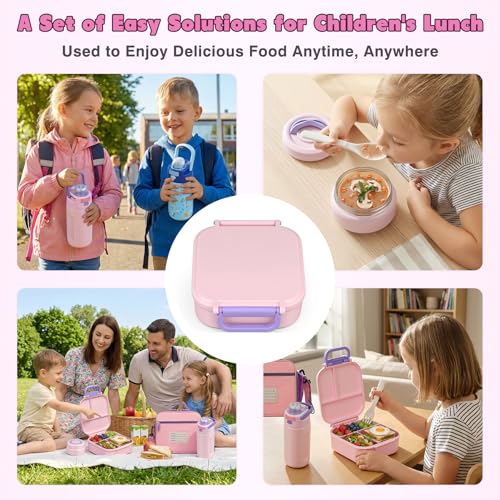 Bento Lunch Box for Kids with 7oz Soup Thermo,Insulated Stainless Steel Kids Water Bottle with Straw and Insulated Lunch Bag,Leak-Proof Lunch Food Container with Ice Pack for School(Pink) - color: Pink