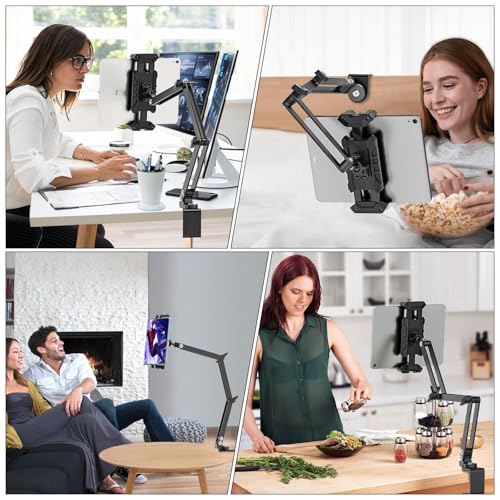 Tablet Stand Holder, iPad Desk Mount with 360°Rotate Base, Adjustable Foldable Sturdy Arm iPad Holder, Metal Clamp for Desktop Table Bed Kitchen, Compatible with 4.7-13.5inch Tablets