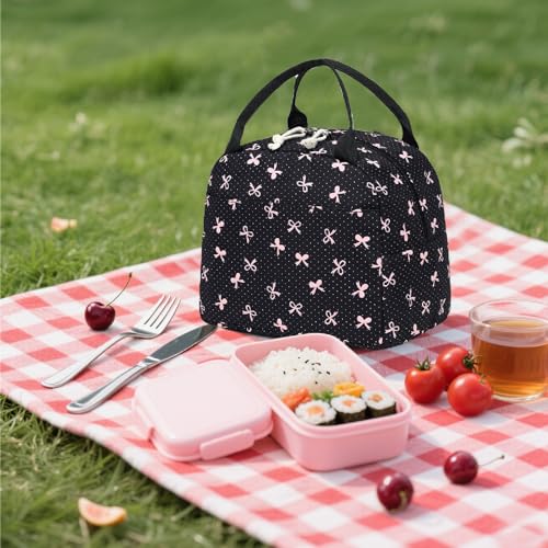 LEDAOU Kids Lunch Bag for Girls, Insulated School Lunch Box, Lightweight | Insulated interior, lightweight design, front pocket, smooth dual zippers, ideal for school and travel - color: Black Bow