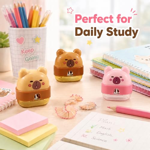 3 PCS Cute Pencil Sharpeners, Kids Pencil Sharpener Handheld, Fun Pencil Sharpener, Funny Manual Sharpeners Cartoon with Lid, Kawaii Capybara Stationary Gifts Mini School Office Supplies