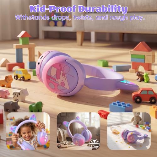 Candy Bila Kids Bluetooth Headphones with LED Cat Ears, Active Noise Cancelling Headphones, 85dB Safe Volume, 40H Play Time, Bluetooth 6.0, Built-in Mic for iPad/Tablet/Airplane, Purple - color: Purple