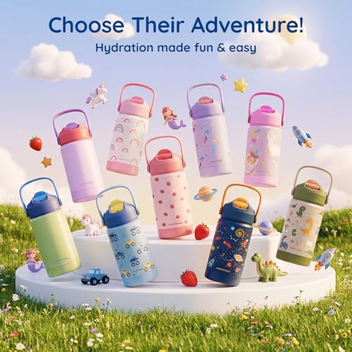 Mommore Kids Insulated Water Bottle with Soft Rubber Handle, 12oz Stainless Steel Thermos with Straw Lid, Leak Proof, Easy to Clean Design, Vacuum Small Canteen for School Boys Girls, Universe-1 Pc - color: Universe