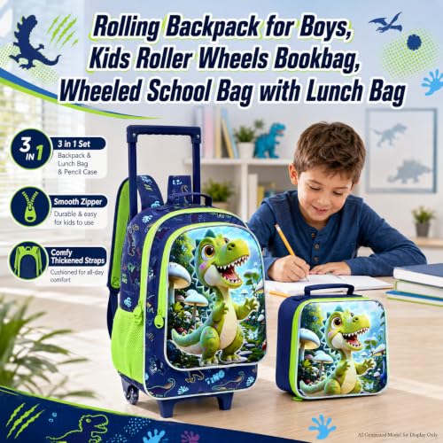 CCJPX 18" Dinosaur Rolling Backpack for Boys, 3Pcs Kids Wheeled Bookbag with Lunch Box, Lightweight Roller School Bag for Elementary Preschool(Green) - color: Green Dinosaur02