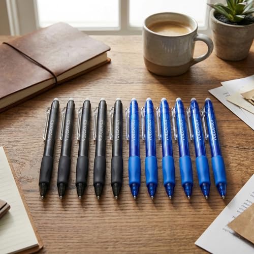 Volcanics Retractable Clicker Erasable Gel Pens - 0.7mm Ball Point, Heat Erase with Built-in Eraser, 12 Pack Soft Black and Blue - color: Blue and Black