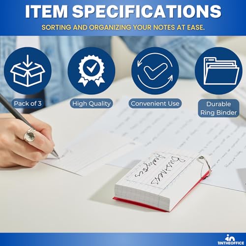 1InTheOffice Index Cards with Ring 3x5, Flash Cards with Binder Ring, Single Hole Punched Notecards, 65 Cards, 3 Pack
