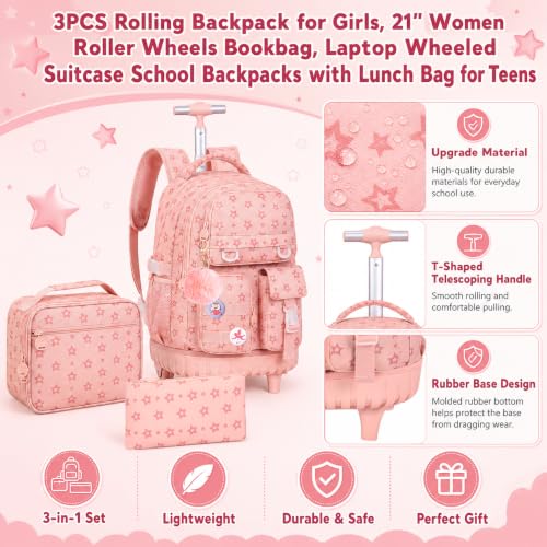 WZLVO 3PCS Rolling School Backpack, Water Resistance Girls Roller Bookbag, Women Aesthetic Wheeled Bag Set with Lunch Box & Pencil Bag for Teens & Kids - Pink Star - color: 3pcs Girls Rolling Backpack - Pink Star