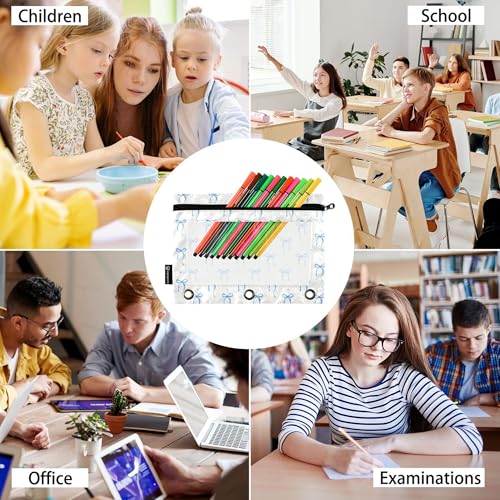 Wamika Blue Ribbon Bowknot Binder Pouches 3 Ring for Boys Girls School Office College Supplies Bow Tie Doodle Pattern White Pencil Pouches Case Bag with Clear Window and Zipper 2 pack