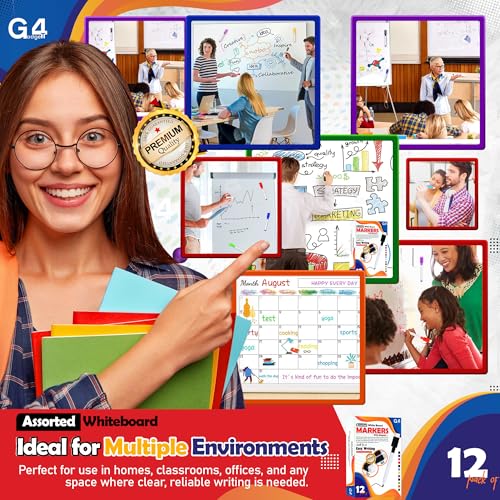 G4GADGET 12pcs Colourful Whiteboard Markers with Magnet & Eraser | Dry Wipe White Board Pens | Fine Tip, Low Odor, Non-Toxic Erasable Markers for Kids, Office, Classroom & Home Use