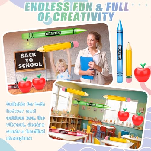 SAYAYA 12 Pcs Large Inflatable Pencil Balloons Set Jumbo Inflatable Crayons Red Apple-Shaped Balloons Back to School Hanging Decor for Classroom Garden Room Birthday Party Decorations - style: Pencil & Crayons & Red Apple