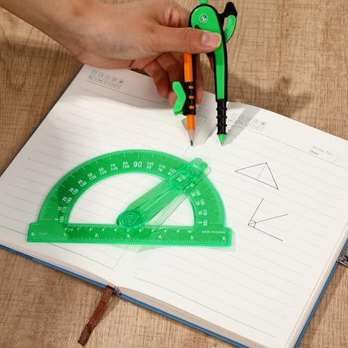 Zonon 2 Pcs Student Protractor and Compass, Student Geometry Math Set Drawing Compass and 180 Degree 6 Inch Protractor with Swing Arm for Drawing Measuring School Office (Green) - color: Green