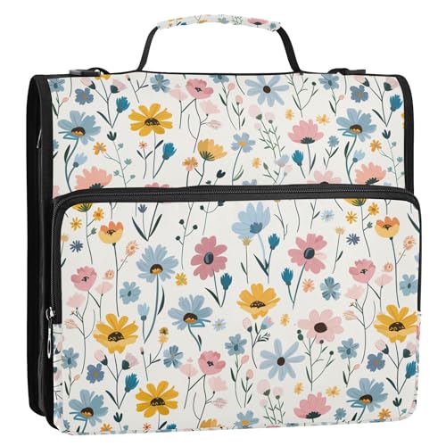 Cute Little Spring Blue Pink Flowers Zip Up Binder with Handle Easy to Carry 1.5 Inch 3 Rings Pencil Bags Portfolio Binder Stationery Supplies - color: Cute Little Spring Blue Pink Flowers