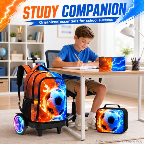 AGSDON Quiet Rolling Backpack with Lunch Box Set – Large Luminous Wheel Water‑Resistant Wheeled Bag for School, Outings, and Travel | Fire-Lightning Soccer 3‑Piece Organizer Backpack - color: Large Luminous Wheel Rolling Fire-lightning Soccer