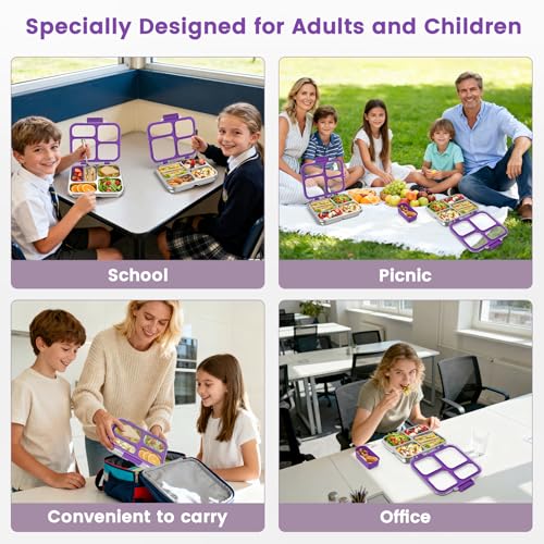 Stainless Steel Bento Box for Kids Adults with Silicone Container, Leak Proof 4 Compartments Metal Lunch Box, Removable Silicone Seal & Clear Lid Food Container for School Office, BPA-Free(Purple) - color: Purple