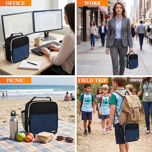 opux Insulated Lunch Bag for Kids Boys Girls, Small Compact Lunch Box with Wide Opening & Mesh Pockets, Reusable Lunch Pail for School, Work, Adults, Men, Women, Heather Navy Blue - color: Heather Navy