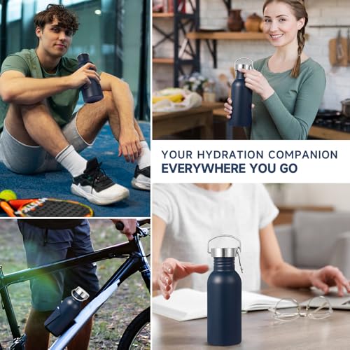 Volhoply 20oz Uninsulated Single Walled Water Bottle, Stainless Steel Reusable Water Bottles with Handle & Carabiner, BPA Free 18/8 304 Sports Water Bottles for Camping Hiking(Navy,1) - color: Navy
