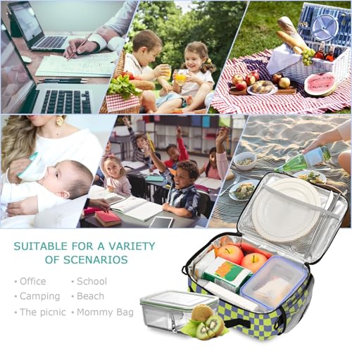 Custom Student Lunch Bag for Boys Girls Green Blue Checkered Personalized Lunch Box With Name Insulated Cooler Bag for School Picnic Travel - color: Multi16