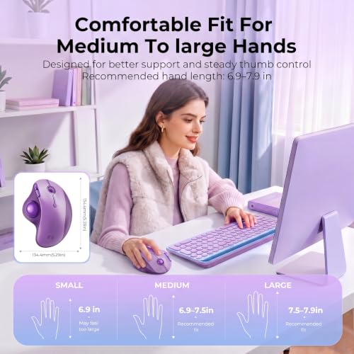 seenda Wireless Trackball Mouse, Ergonomic Bluetooth Rollerball Mouse Rechargeable, 3 Device Connection Optical Mice Adjustable DPI Thumb Control Mice Compatible for PC/Laptop/Windows/Mac - Purple - color: Purple