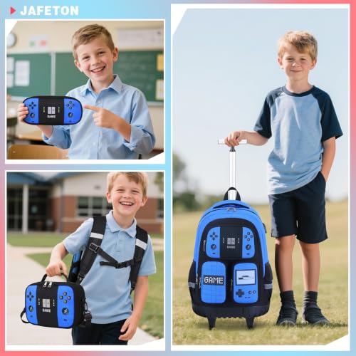 Jafeton Rolling Backpack for Boys, 3 PCS Gamer Boy Backpack Set with Lunch Box & Pencil Pouch, Roller Wheels School bag for Boys Kids Teens, Elementary Middle School, Kids Bookbag Casual Daypack - color: Blue