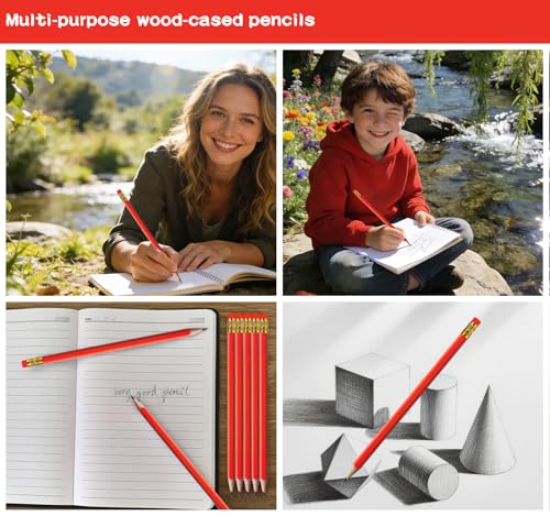 Adhere 25pcs Woodcase Pencils with Eraser Premium Pre-Sharpened Hexagon Graphite 2B pencils ideal for home, office writing including a Free Sharpener - color: Red・25pcs