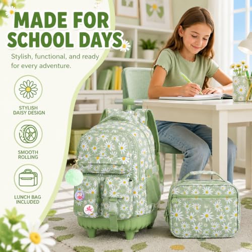 WZLVO 3PCS Roller Backpack, Water Resistance Girls Rolling Bookbag with Wheels, Women Aesthetic Wheeled School Bag, Set with Lunch Bag & Pencil Bag for Teens & Kids - Green Chrysanthemum - color: 3pcs Girls Rolling Backpack - Green Chrysanthemum