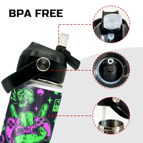 Gamepad Pattern Kids Water Bottle 12oz Stainless Steel Insulated Bottle Vacuum Leak Proof Straw Lid with Double Wall BPA Free School (Color5) - color: Color5
