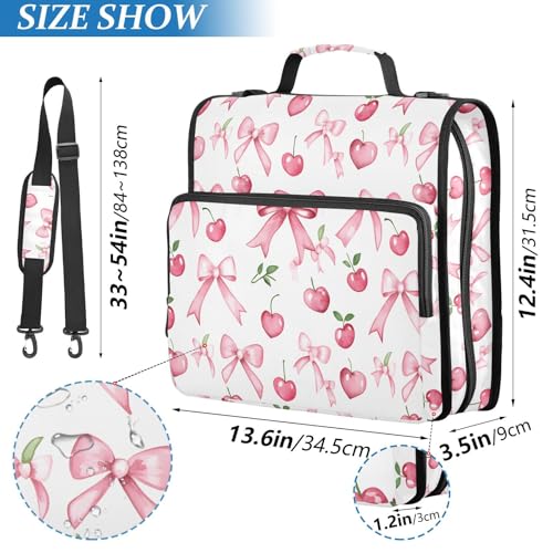 Pink Bow Cherry Leaf Pattern Zipper Binder 3 Ring with Handle and Shoulder Strap, 500 Sheet Binder Organizer Capacity & Multi-Pockets for School Office - color: Aa01