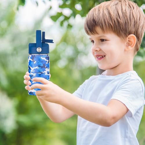 Kids Water Bottle with Straw Lid-12 oz Insulated Stainless Steel Thermal Cup, Leakproof Wide Mouth Sports Bottle Keeps Cold 12H & Hot 6H for Gym Office Outdoor - color: Camouflage