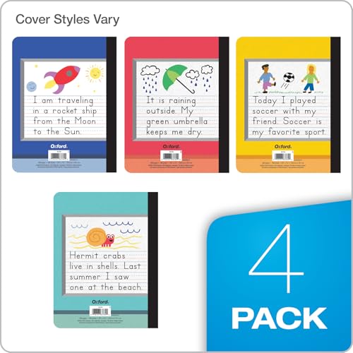 Oxford Primary Composition Notebooks, Kids Handwriting & Drawing Story Journal, Pre-K, Grades K-2, 100 Sheets/200 Pages, 9 3/4 x 7 1/2, (63784) (Pack of 4)