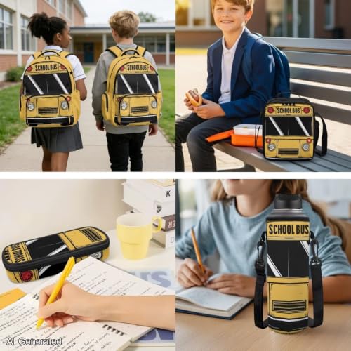 School Bus Backpack for Boys Girls Backpack with Lunch Box Water Bottle Pouch and Cute Pencil Case 4PCS Set Bookbag with Front Pocket for School 17 in Large Elementary Middle High School Bag - color: School Bus