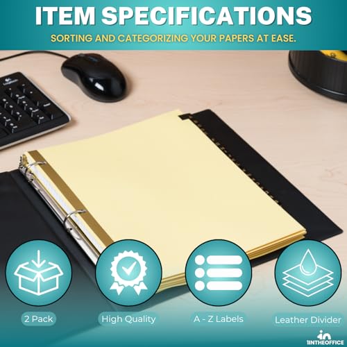 1InTheOffice A-Z Tab Dividers, Alphabet Dividers for 3 Ring Binder, 3 Ring Binder Dividers with Tabs, Leather Tabs, 8 1/2" x 11", 25 Tabs, Black (2 Pack)