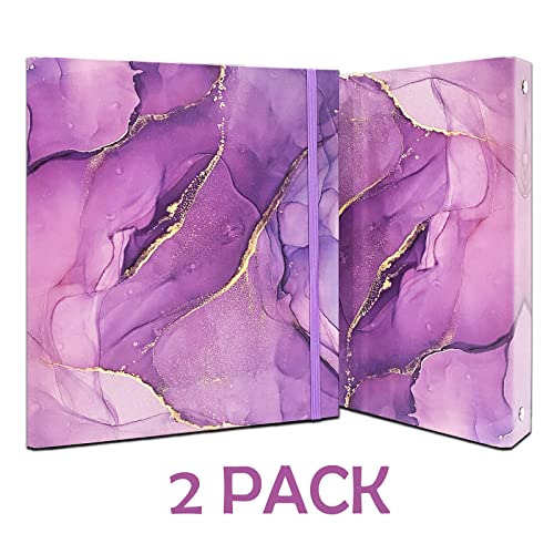 Mini Binders 5.5 x 8.5 Three Ring, Decorative Hardcover With Elastic Cord, 1 Inch Purple Marble Design, for School, Office, and Home Use, Playbill and Recipe Binder, 2 Pack