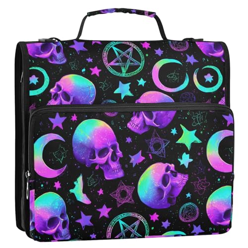 3 Ring Zipper Binder Purple Blue Skull Moon Binders Bag with Shoulder Strap 500 Sheets Paper Organizer Trapper Keeper Documents Storage File Folder for School Office - color: A860