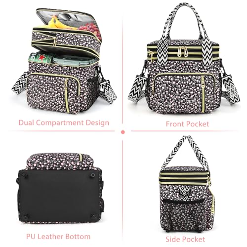LOKASS Lunch Box for Women-16L-Insulated Lunch Bag Women, Expandable Double-layer Leakproof Cooler Bag with Upgrade Adjustable Shoulder Strap Ideal for Work/Travel/Picnics(Black Flower) - color: Black Flower