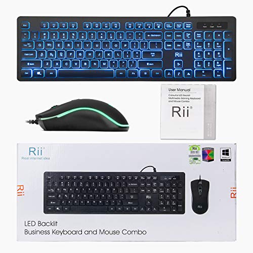 Rii Three Colors Backlit Keyboard and Mouse, Wired Keyboard and Mouse Combo, USB Keyboard and Mouse Set,Quiet Input Gaming Keyboard,Optical RGB Mouse for School,Office,Business and Gaming