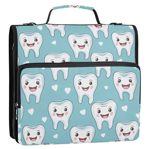 Cartoon Cute Teeth Dental Health Care Green Binder with Extra Pockets with Shoulder Strap Waterproof 1.5 Inch 3 Rings Storage Bag Portfolio Binder Office Supplies - color: Cartoon Cute Teeth Dental Health Care Green