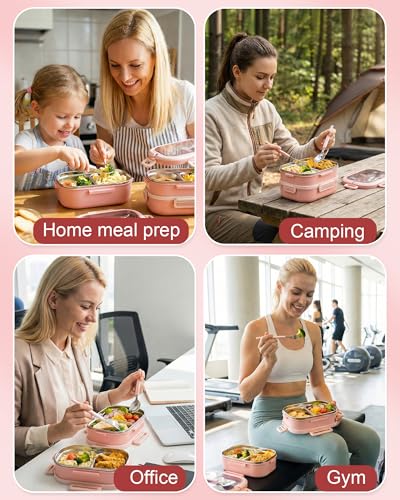 Lille Home Stackable Lunch Box, 2 Tier Stainless Steel Bento Lunch Box, 56oz Large Capacity Leakproof Lunch Containers, 4-Compartment Lunch Box with Utensils for Meal Prep, Work, Picnic(Pink) - color: 2 Tier-Pink