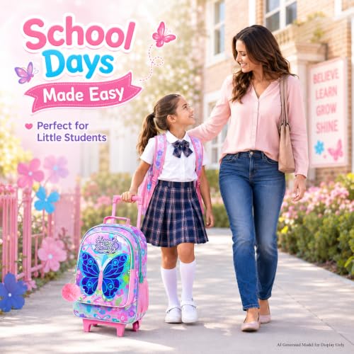 CCJPX 3Pcs Butterfly Rolling Backpack for Girls, 18" Kids Wheeled Bookbag with Lunch Box, Lightweight Roller School Bag for Elementary Preschool (Pink) - color: Pink Butterfly(with Sequins)