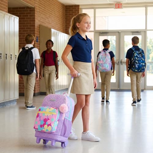Rolling Backpack for Girls,Backpack with Wheels for Girls Kids Wheeled School Bag Set with Lunch Bag & Pencil Case,Flower Print Elementary Trolley Bookbag for Travel - color: Purple Flower