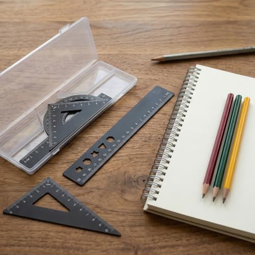 5Pcs Metal Geometry Set, Metal Ruler Set with Protractors, Triangle Rulers, Rulers, Compass for Math, School, Office (Black)