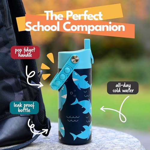 Elemental Insulated Kids Water Bottle, Stainless Steel Water Bottle with Straw Lid & Pop-It Handle, Leak-Proof Water Bottles for School, Boys or Girls, Travelling and Sports, 18oz - Sharks Ahoy - color: Sharks Ahoy