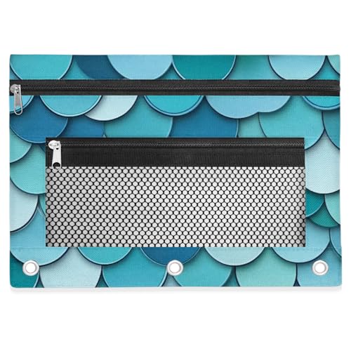 Mermaid Scales Pencil Pouch for 3 Ring Binder Blue Scale Pencil Case Bag with Clear Window Zipper Pockets for Kids Girls Boys Students School College Supplies 2 Pack - color: Blue