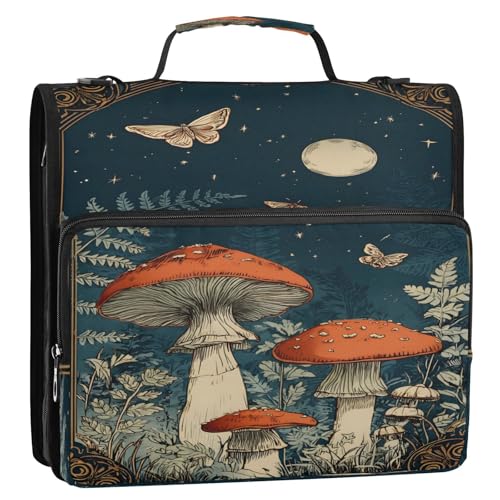 3 Ring Zipper Binder Moonnight Mushroom Butterfly Binders Bag with Shoulder Strap 500 Sheets Paper Organizer Trapper Keeper Documents Storage File Folder for School Office - color: A2850