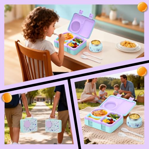 Bento Lunch Box for Kids Adult, Leakproof 3-4 Compartment Bento Box Set with Insulated Food Jar,Water Bottle, Lunch Bag, School Lunch Container for Toddler Teen Girls Boys Ages 3+(Butterfly) - color: Butterfly