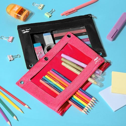 Mr. Pen- Pencil Pouch for 3 Ring Binder, 2 Pack, 10"x6.75", Smooth Zipper | Clear Window, Large Capacity Pencil Case with 3 Reinforced Grommets for School, Office, Supplies Storage | Clear Window, Large Capacity Pencil Case with 3 Reinforced Grommets for