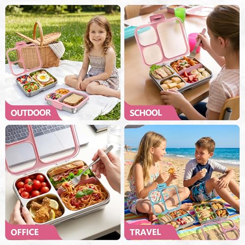 Stainless Steel Bento Lunch Box, 34oz/1000ml Leak Proof Metal Container, Lightweight 3mm Ultra-Narrow Bezel with Tritan Lid for Kids & Adults, 3-Compartment, BPA/BPS Free, Dishwasher Safe, Pink - color: Pink, size: 34oz/1000ml