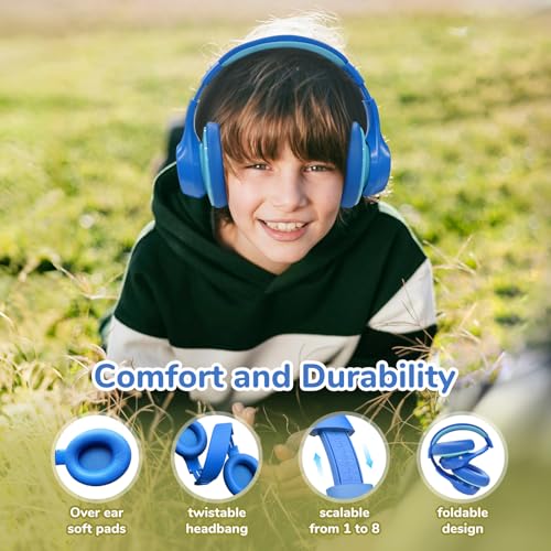 EarFun K4NC Active Noise Cancelling Headphones for Kids,120H Playtime Blue | 74/85/94dBA Volume Limited, Kids Bluetooth Headphones with Mic, Bluetooth 5.4 Stereo Sound Kid Headset for School/Home/Travel - color: Light Blue