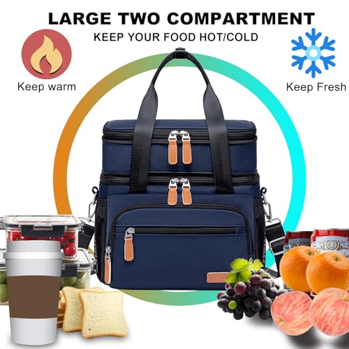 Weitars Insulated Lunch Box for Women Men-Dual Compartment Waterproof Reusable Large Lunch Bag Wide-Open Tote Cooler Bag For Working Picnic Hiking (15L) (Blue) - color: Blue